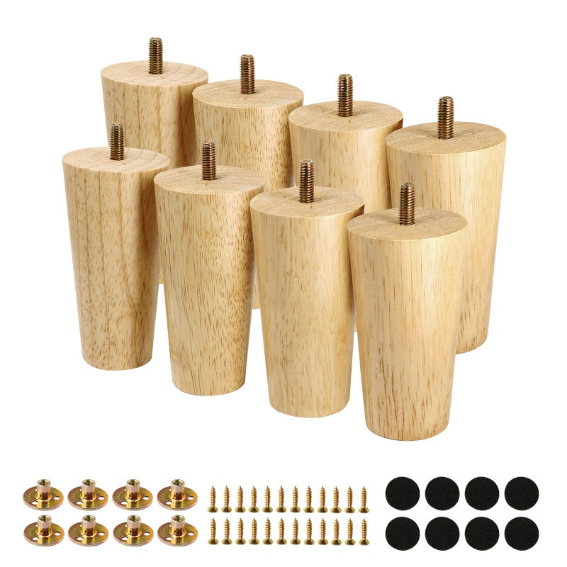 FoDau770 Rubber Wood Furniture Legs 4 Inches, Straight Tapered Wood Legs Mid Century Sofa Legs Set of 8, 5/16"" UNC Furniture Feet Replacement Legs for Cabinet Sofa Couch Dresser Chair Ottoman Table - Image 1
